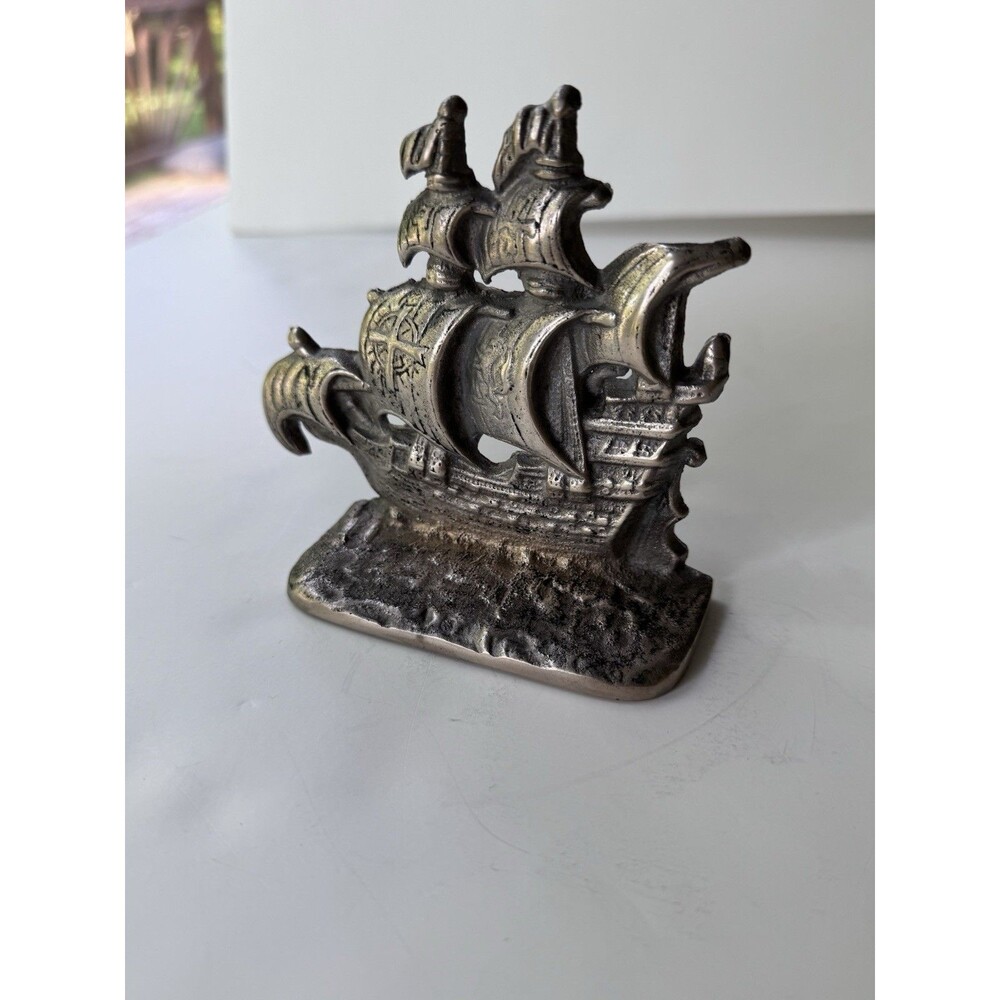 Sailboat bookend door stop Spanish galleon Santa Maria style Silver toned Metal